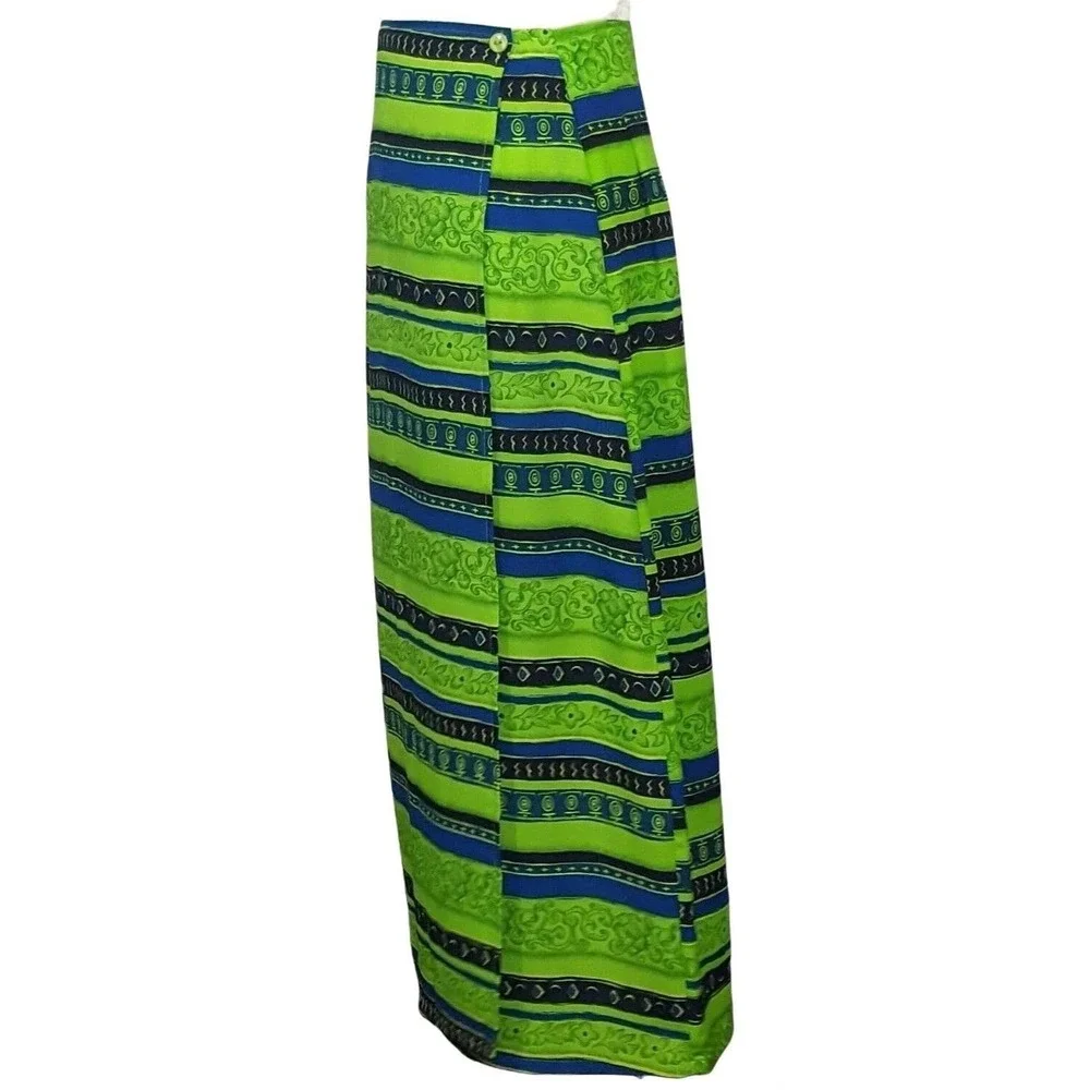 Vintage Maxi Wrap Skirt Small Floral Tribal Blue Green Polyester  L&S Designs